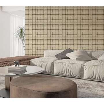 RollsRolla Black Line Plaid Peel and Stick Wallpaper in Beige Linen Color - Neutral & Modern Self-Adhesive Temporary Wallpaper for Apartments, Bedroom, Living Room, Bathroom, Office Wall Decor