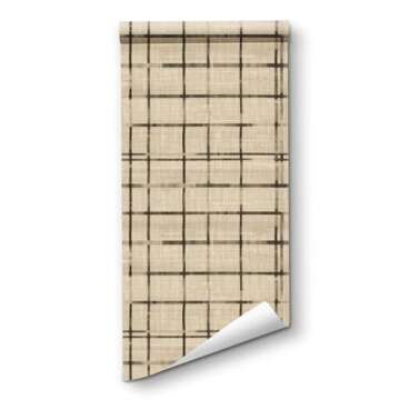 RollsRolla Black Line Plaid Peel and Stick Wallpaper in Beige Linen Color - Neutral & Modern Self-Adhesive Temporary Wallpaper for Apartments, Bedroom, Living Room, Bathroom, Office Wall Decor