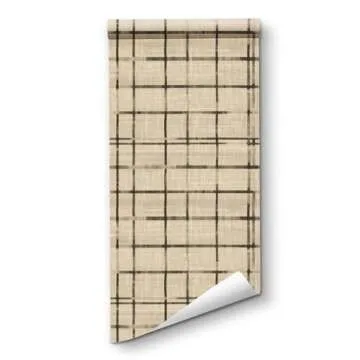 RollsRolla Black Line Plaid Peel and Stick Wallpaper in Beige Linen Color - Neutral & Modern Self-Adhesive Temporary Wallpaper for Apartments, Bedroom, Living Room, Bathroom, Office Wall Decor