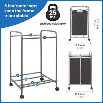 STORAGE MANIAC Laundry Sorter 2 Section, 90 L Laundry Hamper with Wheels, Laundry Basket Sorter, Laundry Separator Hamper, Laundry Organizer, 2 Bag Laundry Cart with Wheels and Removable Bags, Black