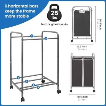 STORAGE MANIAC Laundry Sorter 2 Section, 90 L Laundry Hamper with Wheels, Laundry Basket Sorter, Laundry Separator Hamper, Laundry Organizer, 2 Bag Laundry Cart with Wheels and Removable Bags, Black