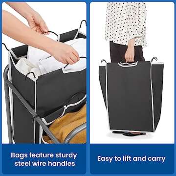 STORAGE MANIAC Laundry Sorter 2 Section, 90 L Laundry Hamper with Wheels, Laundry Basket Sorter, Laundry Separator Hamper, Laundry Organizer, 2 Bag Laundry Cart with Wheels and Removable Bags, Black