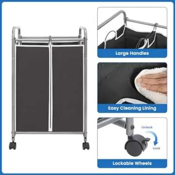 STORAGE MANIAC Laundry Sorter 2 Section, 90 L Laundry Hamper with Wheels, Laundry Basket Sorter, Laundry Separator Hamper, Laundry Organizer, 2 Bag Laundry Cart with Wheels and Removable Bags, Black