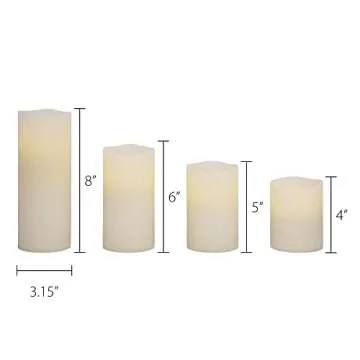 Matchless Candle Co. by Luminara Set of 4 PushButton Pillar Flameless LED Candle 3.15" Wide, 4",5",6",8" Tall Melted Top, Smooth Finish Unscented Real Wax (Ivory)