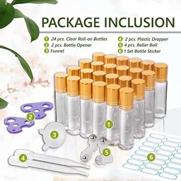 Guzilan Essential Oil Roller Bottles 10ml, Essential Clear Glass Roller Bottles For Traveling, Perfume Cosmetic Liquid with Gold Cap, 24 Pack, Extra Stainless Steel Balls, Labels, Opener, Funnel