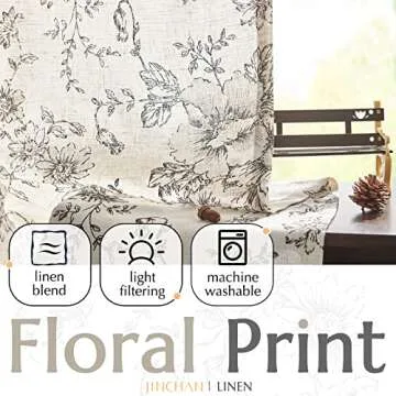 jinchan Linen Blend Curtains Floral Curtains for Living Room 108 Inch Length Black Printed Curtains Rod Pocket Back Tab Farmhouse Peony Flower Patterned Drapes Bedroom Window Curtain Set 2 Panels