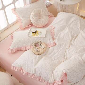AMZTOP Princess Pink Floral Twin 100% Cotton Duvet Cover with Ruffle, Coquette Bedding, Teen Girls R...