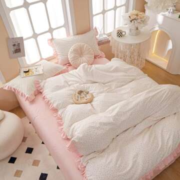 AMZTOP Princess Pink Floral Twin Cotton Duvet Cover Set