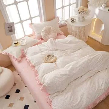 AMZTOP Princess Pink Floral Twin Cotton Duvet Cover Set