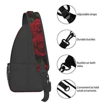 SURERUIM Red Rose Sling Bag for Women Crossbody Shoulder Backpack Floral Pattern with Bouquets of Roses and Leaves Chest Bags Beautiful Blossom Print Casual Gym Travel Daypack