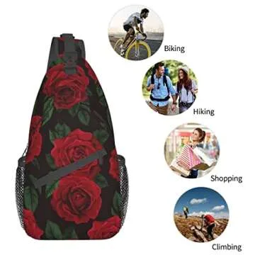 SURERUIM Red Rose Sling Bag for Women Crossbody Shoulder Backpack Floral Pattern with Bouquets of Roses and Leaves Chest Bags Beautiful Blossom Print Casual Gym Travel Daypack