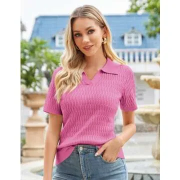 GRACE KARIN Women's Short Sleeve Polo Sweater Tops 2025 Summer V-Neck Collared Polo Shirts Cable Kni...