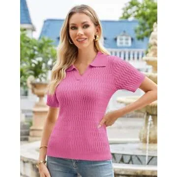 GRACE KARIN Women's Short Sleeve Polo Sweater Tops 2025 Summer V-Neck Collared Polo Shirts Cable Knit Tops for Women L Hot Pink