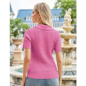 GRACE KARIN Women's Short Sleeve Polo Sweater Tops 2025 Summer V-Neck Collared Polo Shirts Cable Knit Tops for Women L Hot Pink