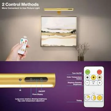 Olafus Picture Light Battery Operated with Remote, Rechargeable Wireless Wall Light, 3 Color Temperatures, Infinite Dimming and Timer, Cordless Art Frame Lighting, Gallery Painting Display Lamp Gold