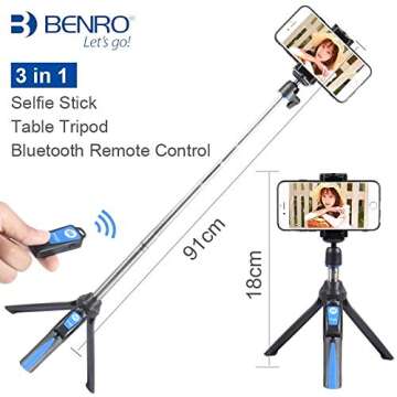 BENRO Handheld Tripod 3 in 1 Self-Portrait Monopod Phone Selfie Stick Bluetooth Remote Shutter Compatible with Smartphone (Blue)