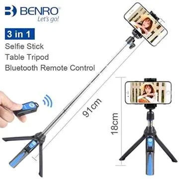 BENRO Handheld Tripod 3 in 1 Self-Portrait Monopod Phone Selfie Stick Bluetooth Remote Shutter Compatible with Smartphone (Blue)