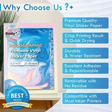 Koala Vinyl Sticker Paper for Inkjet Printer Matte White and Holographic Sticker Paper for Inkjet Paper - Waterproof Sticker Paper Bundle Pack Total 40 Sheets