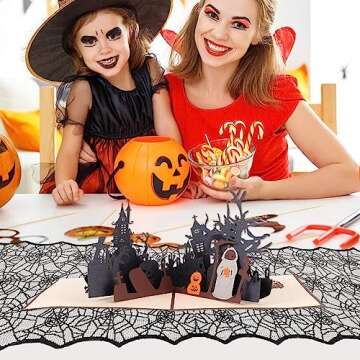 Halloween Table Runner, Black Lace Table Runner, 14 X 48 Inch Spider Web Table Runner Halloween Table Decor, Polyester Lace Table Runner Halloween Table Decoration for Parties Gathering