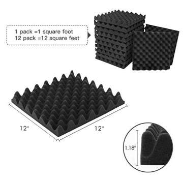 12 Pack-12x12x1.18 Inches Black Egg-crate Acoustic Foam Panels,Studio Foam Panels Meant for Echo Absorption, Acoustic Panels for Home Office, Sound Absorbing Panels(12x12x1.18 Inches, Black)