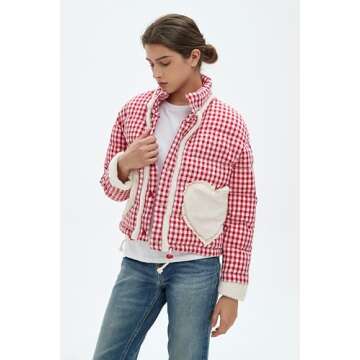 EZAPINE Womens Cropped Puffer Jacket Winter Gingham Plaid Button Down Long Sleeve Padded Coat with H...