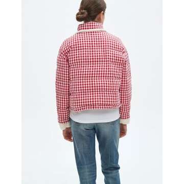 EZAPINE Womens Cropped Puffer Jacket Winter Gingham Plaid Button Down Long Sleeve Padded Coat with Heart Pockets