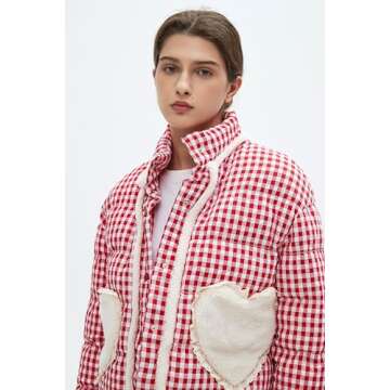 EZAPINE Womens Cropped Puffer Jacket Winter Gingham Plaid Button Down Long Sleeve Padded Coat with Heart Pockets