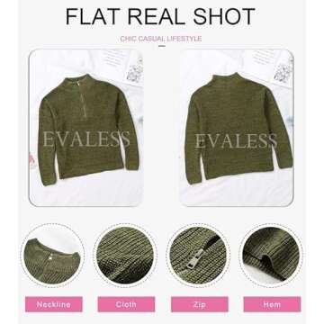 EVALESS Womens Quarter Zip Sweaters Long Sleeve Knit Casual Tops for Women Trendy 2024 Pullover Chunky Sweaters Warm V Neck Oversized Sweater Fall Clothes Christmas Outfits Green Work Tops, Medium