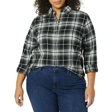 Amazon Essentials Women's Classic-Fit Long-Sleeve Lightweight Plaid Flannel Shirt, Black White Large Plaid, Large