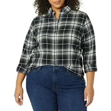 Amazon Essentials Women's Classic-Fit Long-Sleeve Lightweight Plaid Flannel Shirt, Black White Large Plaid, Large