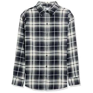 Amazon Essentials Women's Classic-Fit Long-Sleeve Lightweight Plaid Flannel Shirt, Black White Large Plaid, Large
