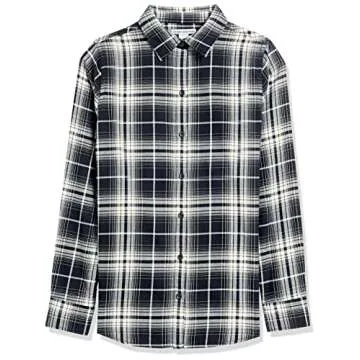 Amazon Essentials Women's Classic-Fit Long-Sleeve Lightweight Plaid Flannel Shirt, Black White Large Plaid, Large