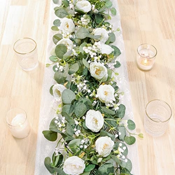 TOCHGREEN 2 Pack 13Ft Artificial Eucalyptus Flower Garland with White Roses for Weddings and Home De...