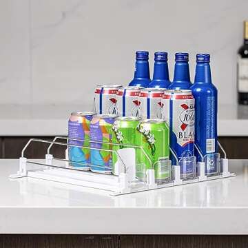 Rula Drink Organizer for Fridge, Self-Pushing Soda Can Dispenser for Mini Refrigerator, Width Adjustable Water Bottle Pusher Glide, White, 4 Rows,12.2” D