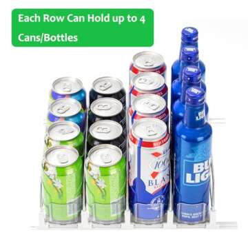 Rula Drink Organizer for Fridge, Self-Pushing Soda Can Dispenser for Mini Refrigerator, Width Adjustable Water Bottle Pusher Glide, White, 4 Rows,12.2” D