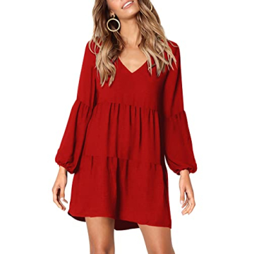 Amoretu Womens Long Sleeve Dresses Engagement V Neck Tunic Dress, Spring, Summer, 2025 (Red, L)