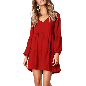 Amoretu Womens Long Sleeve Dresses Engagement V Neck Tunic Dress, Spring, Summer, 2025 (Red, L)
