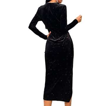 LYANER Women's Velvet Deep V Neck Wrap Split Hem Long Sleeve Midi Dress Black# Medium