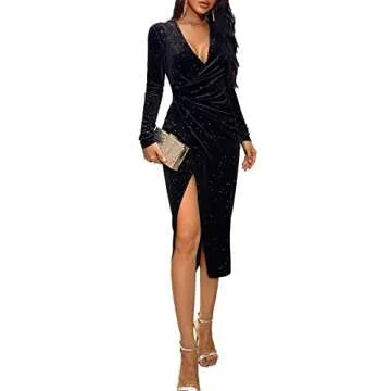 LYANER Women's Velvet Deep V Neck Wrap Split Hem Long Sleeve Midi Dress Black# Medium