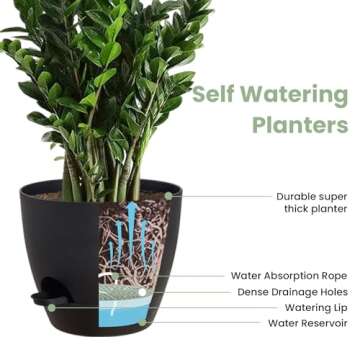 Gardrium Self Watering Planters 12/10/9 inch Plant Flower Pots Set of 3 Plastic with Drainage Hole for Indoor Outdoor Garden, Black