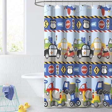Dream Factory Kids Fabric Shower Curtain for Bathroom, 72 in x 72 in (W x L), Blue Red Trains and Tr...