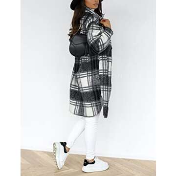 SeekMe Women's Plaid Long Shirt Jacket Button Down Long Sleeve Lapel Collar Pocket Shacket(0449-Black-XS-FY)