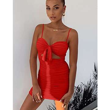 BORIFLORS Women's Sexy Bodycon Cut Out Ruched Backless Spaghetti Strap Mini Club Party Dresses, Small, Red