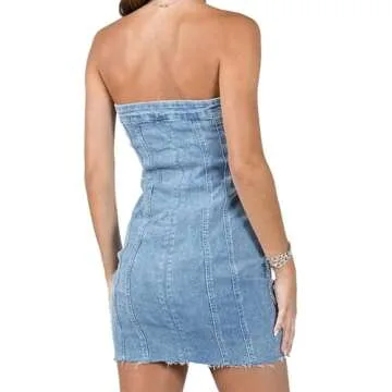 Just Quella Women Denim Strapless Tube Bodycon Mini Jean Dress (US 0-2)