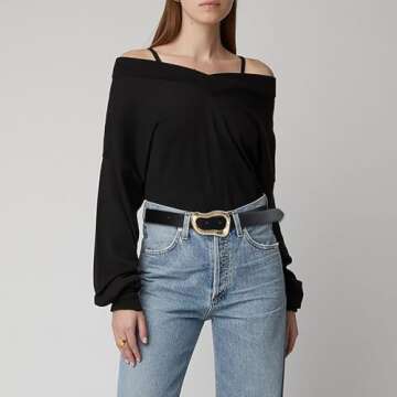 Stylish RISANTRY Black Women's Belt with Gold Buckle