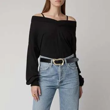 Stylish RISANTRY Black Women's Belt with Gold Buckle