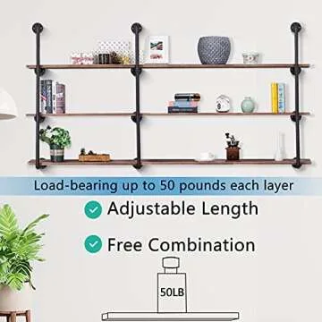 Pynsseu Industrial Iron Pipe Shelving Brackets Unit, Farmhouse Wall Mounted Pipe Shelves for Kitchen Bathroom, DIY Bookshelf Living Room Storage, 3Pack of 4 Tier