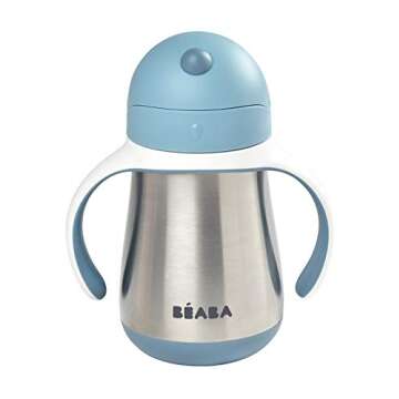 BEABA Stainless Steel Straw Sippy Cup - Insulated, Spill Proof, 8+ months 8.5 oz (Rain)