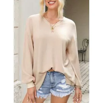 Dokotoo Going Out Tops for Women Fashion 2024 Casual Long Batwing Sleeve Knit Pleated Top Ladies Oversized Fall Outfits Lightweight Workout Beige Shirts Small