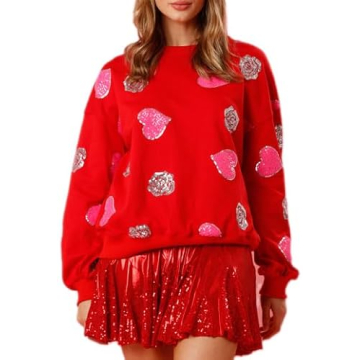 Yiulangde Women Sequin Valentine's Day Sweatshirt Cute Heart Floral Crewneck Sweater Top Sparkly Ove...